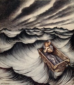 Danaë omhelsde haar kind stevig, illustratie uit 