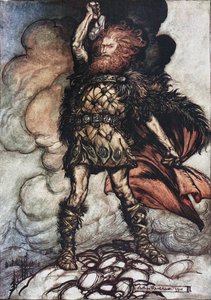 Donner, uw heer, roept zijn troepen! Illustratie voor Het Rijngoud en De Walkure van Richard W door Arthur Rackham