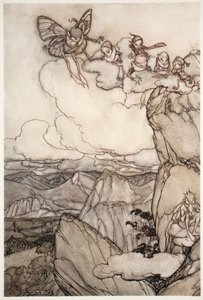 Feeën in bergen, uit Rip Van Winkle door Washington Irving, uitgegeven 1910 door Arthur Rackham