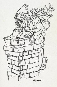 Kerstman die met een zak cadeaus door een schoorsteen klimt door Arthur Rackham