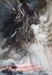 Woedend rijdt Wotan naar de rots. Illustratie voor Het Rijngoud en De Walkure door Richard door Arthur Rackham