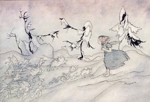 Gerda is doodsbang voor de voorhoede van de Sneeuwkoningin, maar ze zei Onze Vader en wordt gered door kleine heldere engelen, illustratie uit De Sneeuwkoningin door Hans Christian Andersen, gepubliceerd 1932 door Arthur Rackham