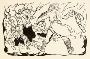 Goll mac Morna bestormt de hel om Fionn en de Fianna-Finn te redden, uit The Little Brawl at Allen in Irish Fairy Tales door Arthur Rackham