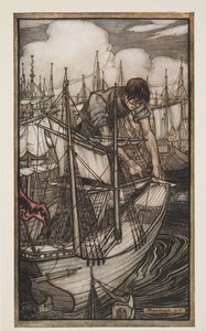 Gulliver Grijpt de Vloot van de Vijand, uit Gullivers Reizen door Jonathon Swift, pub. 1909 door Arthur Rackham
