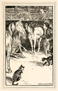 Gulliver heeft de eer om ondervraagd te worden door de gasten van zijn meester, uit Deel IV: Een reis naar het land van de Houyhnhnms in Gullivers Reizen door Jonathan Swift door Arthur Rackham