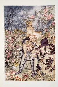 Hij hoorde een luid geluid en zag een beest op zich afkomen, zo angstaanjagend om te zien dat hij bijna flauwviel van angst, uit The Arthur Rackham Fairy Book, gepubliceerd 1933