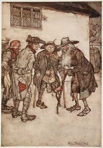 Hij vond al snel veel van zijn vroegere vrienden, hoewel ze allemaal nogal versleten waren door de tand des tijds., uit Rip Van Winkle door Washington Irving, pub. 1910 door Arthur Rackham