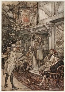 Hij troostte zichzelf door vaak een soort eeuwige club van wijzen, filosofen en andere luie personen te bezoeken, die zijn zittingen hield voor een kleine herberg., uit Rip Van Winkle door Washington Irving door Arthur Rackham