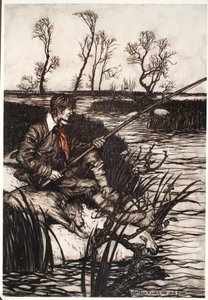 Hij zou de hele dag op een natte rots zitten en vissen., uit Rip Van Winkle door Washington Irving, pub. 1910 door Arthur Rackham