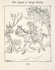 Ichabod Crane ontsnapt aan de ruiter zonder hoofd, uit De Legende van Sleepy Hollow door Washington Irving (1783 - 1859), pub. 1928