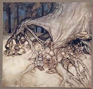 Als de slechte feeën toevallig buiten zijn, uit Peter Pan in Kensington Gardens door J M Barrie, pub. 1906 door Arthur Rackham