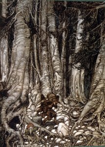 Illustratie door Arthur Rakham van Rip Van Winkle, een kort verhaal door de Amerikaanse auteur Washington Irving voor het eerst gepubliceerd in 1819 door Arthur Rackham