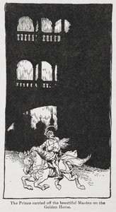 Illustratie uit De Gouden Vogel wanneer de prins de jonkvrouw op een paard wegvoert door Arthur Rackham