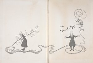 Illustratie van Scrooge. Aan de ene kant afgebeeld met een takje hulst, een zak geld vasthoudend en boos kijkend. Aan de andere kant afgebeeld met een takje maretak en gelukkig kijkend. door Arthur Rackham
