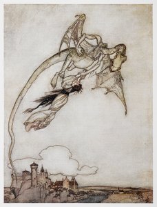 Illustratie van een draak die de prinses ontvoert uit De Vier Slimme Broers door Arthur Rackham