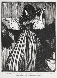 Illustratie van een meisje in een gestreepte jurk uit Lieveling Roland door Arthur Rackham