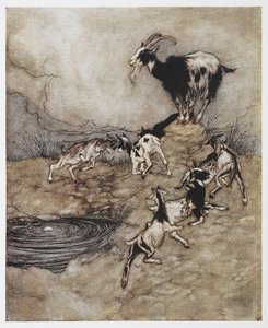Illustratie van een geit en haar jonge kinderen die spelen uit De Wolf en de Zeven Geitjes door Arthur Rackham