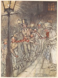 Illustratie van een straattafereel op kerstavond met Bob Cratchit en kinderen.