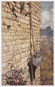 Illustratie van de heks die Rapunzels haar beklimt door Arthur Rackham