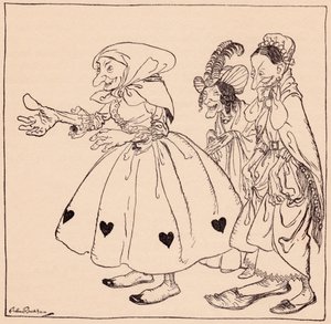 Binnen kwamen de drie vrouwen gekleed in de vreemdste mode. Illustratie door Arthur Rackham uit Grimm