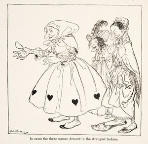 Toen kwamen de drie vrouwen binnen, gekleed in de vreemdste mode, uit Kleine Broer & Kleine Zus en Andere Verhalen door de Gebroeders Grimm, uitgegeven 1917 door Arthur Rackham