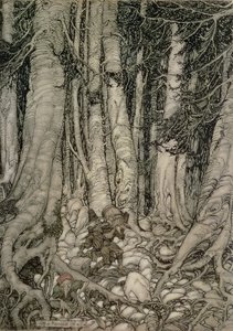 In het Bos met een Vat uit Rip Van Winkle geschreven door Washington Irving (1783-1859), 1905 door Arthur Rackham