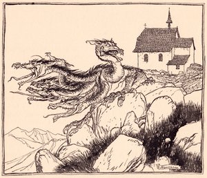 Het duurde niet lang voordat de zevenkoppige draak kwam, luid brullend. Illustratie door Arthur Rackham uit Grimm