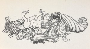 Items van een kerstfeest die uit een hoornvorm vallen. Items omvatten een kerstpudding, worsten, een kalkoen, een varken, een eend, een fazant, een taart en fruit. door Arthur Rackham
