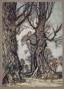 Linkmannen rennen voorop met winterkersen, uit Peter Pan in Kensington Gardens door J M Barrie, pub. 1906