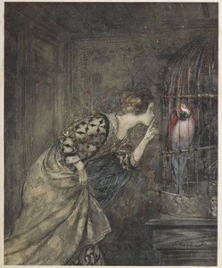 May Colvin en een papegaai in een kooi. door Arthur Rackham