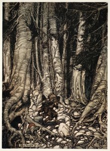 Elkaar afwisselend klommen ze een smalle kloof op., uit Rip Van Winkle door Washington Irving, uitgegeven 1910 door Arthur Rackham