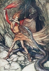 Ohe! Ohe! Verschrikkelijke draak, oh, verslind me niet! Illustratie voor Het Rijngoud en De Walkure door Arthur Rackham