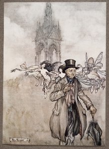 Oude meneer Salford was een krabappel van een oude heer die de hele dag door de tuinen dwaalde, uit Peter Pan in Kensington Gardens door J M Barrie (1860 - 1937), pub. 1906 door Arthur Rackham