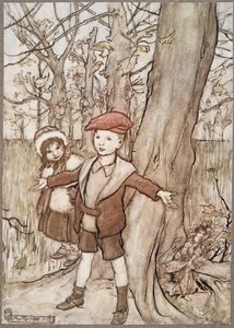 Op een dag werden ze afgeluisterd door een fee .., uit Peter Pan in Kensington Gardens door J M Barrie (1860 - 1937), pub. 1906 door Arthur Rackham