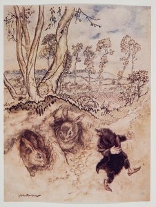 Uien-saus! Uien-saus! merkte hij spottend op, en was verdwenen voordat ze een antwoord konden bedenken, uit Wind in the Willows van Kenneth Grahame, pub. 1940