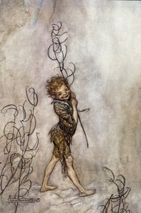 Puck personage uit het toneelstuk. Illustratie voor De Droom van een Zomernacht door William Shakespeare door Arthur Rackham