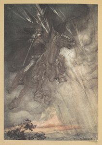 "Woedend rijdt Wotan naar de rots! Als een stormwind komt hij!" door Arthur Rackham