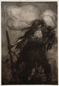 Rip wordt wakker. Zeker, dacht hij, ik heb hier niet de hele nacht geslapen? Oh! Die kruik! Die gemene kruik! Wat voor excuus zal ik maken voor Dame Van Winkle? uit Rip Van Winkle door Washington Irving, pub. 1910 door Arthur Rackham
