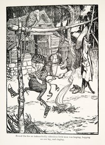 Rond het vuur sprong een onbeschrijfelijk belachelijk mannetje op één been en zong, uit De Sprookjes van de Gebroeders Grimm, uitgegeven 1909