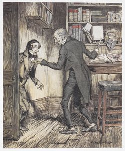 Scrooge schrijft in zijn kantoor terwijl een andere man binnenkomt door Arthur Rackham