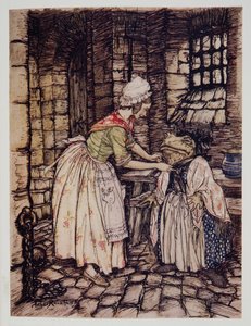 Ze schikte de sjaal met een professionele plooi en knoopte de touwtjes van de roestige bonnet onder zijn kin, uit Wind in the Willows van Kenneth Grahame, pub. 1940 door Arthur Rackham