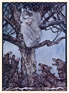 Ze keek met boze droefheid naar de gespannen en grommende horde beneden, uit The Wooing of Becfola in Irish Fairy Tales door Arthur Rackham