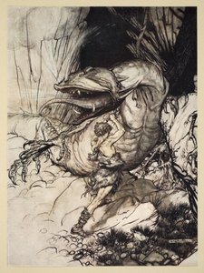 Siegfried doodt Fafner, illustratie uit 