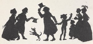 Silhouet van een jonge jongen en een man die mensen begroeten op weg naar huis van de kerk. door Arthur Rackham