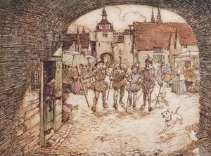 Dus de vier broers namen hun stokken in hun handen, namen afscheid van hun vader en verlieten de stadspoort, uit De Sprookjes van de Gebroeders Grimm, uitgegeven 1909