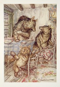 Iemand heeft in mijn stoel gezeten en heeft de bodem eruit gezeten! zei de Kleine, Kleine, Kleine Beer, uit The Arthur Rackham Fairy Book, gepubliceerd 1933 door Arthur Rackham