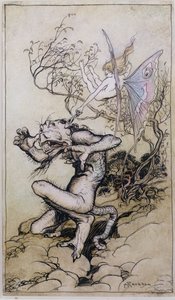 Sprite en monster, een illustratie uit Verhalen van Shakespeare door Charles en Mary Lamb