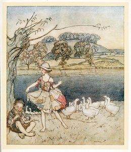 Tattercoats dansen terwijl de ganzenhoeder fluit, uit Engelse Sprookjes, uitgegeven 1922 door Arthur Rackham