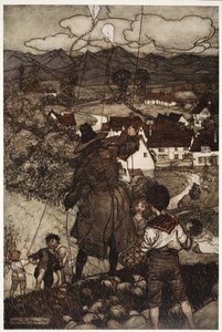 Leerde hen vliegers oplaten., uit Rip Van Winkle door Washington Irving, uitgegeven 1910 door Arthur Rackham