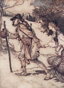 De bedelaar nam haar bij de hand en leidde haar weg, uit De Sprookjes van de Gebroeders Grimm, pub. 1909 door Arthur Rackham